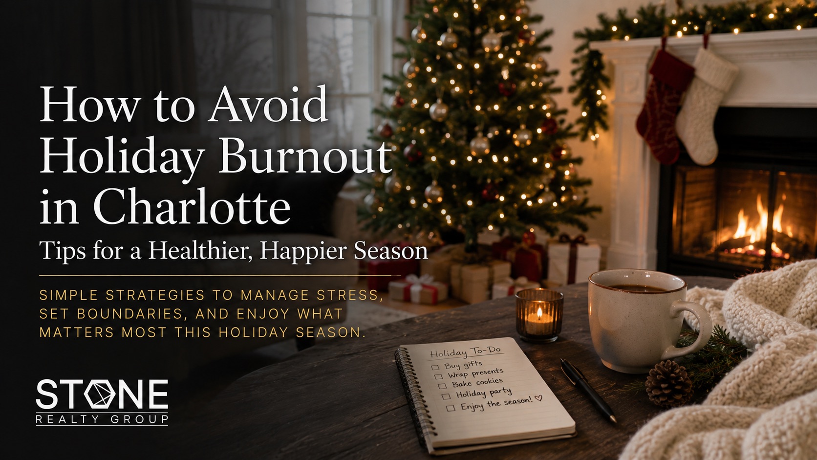 Cozy Charlotte home decorated for the holidays, highlighting practical tips to avoid holiday burnout, manage stress and enjoy a more balanced season.