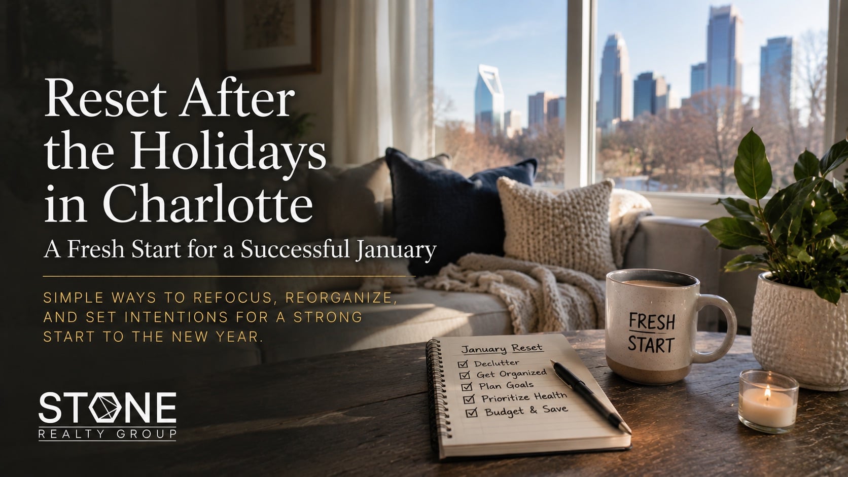 Bright Charlotte living room in January with a fresh-start checklist, highlighting simple ways to reset after the holidays, declutter and build calmer routines.