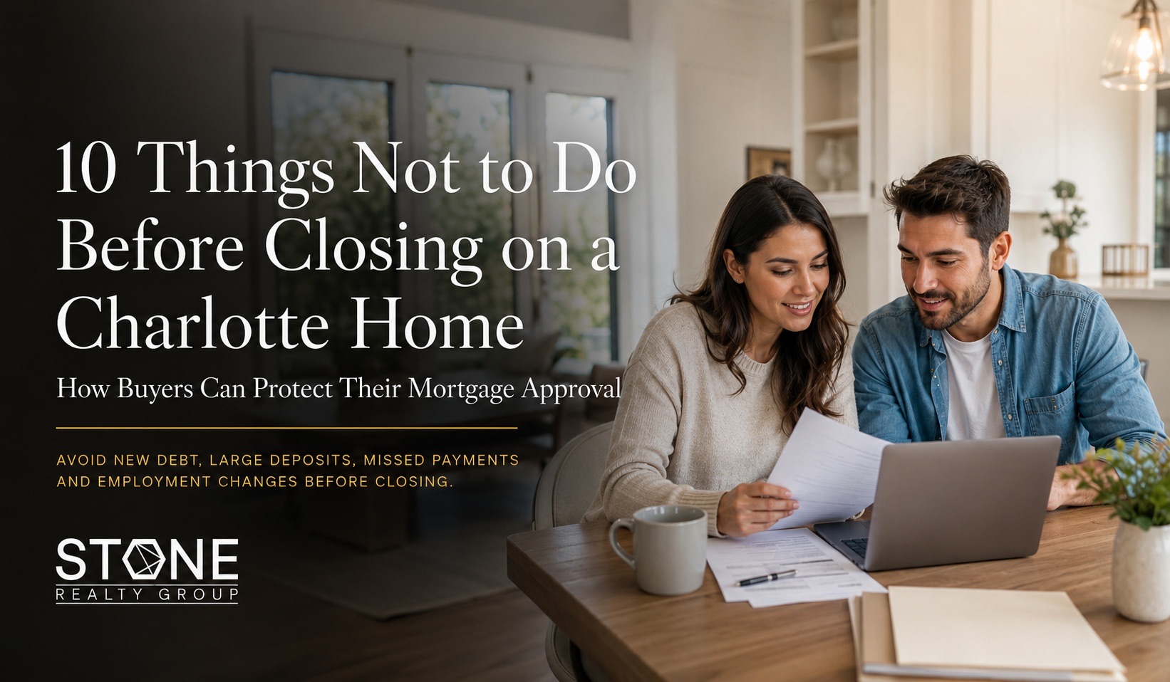 Charlotte homebuyer reviewing mortgage documents and financial decisions to avoid before closing.