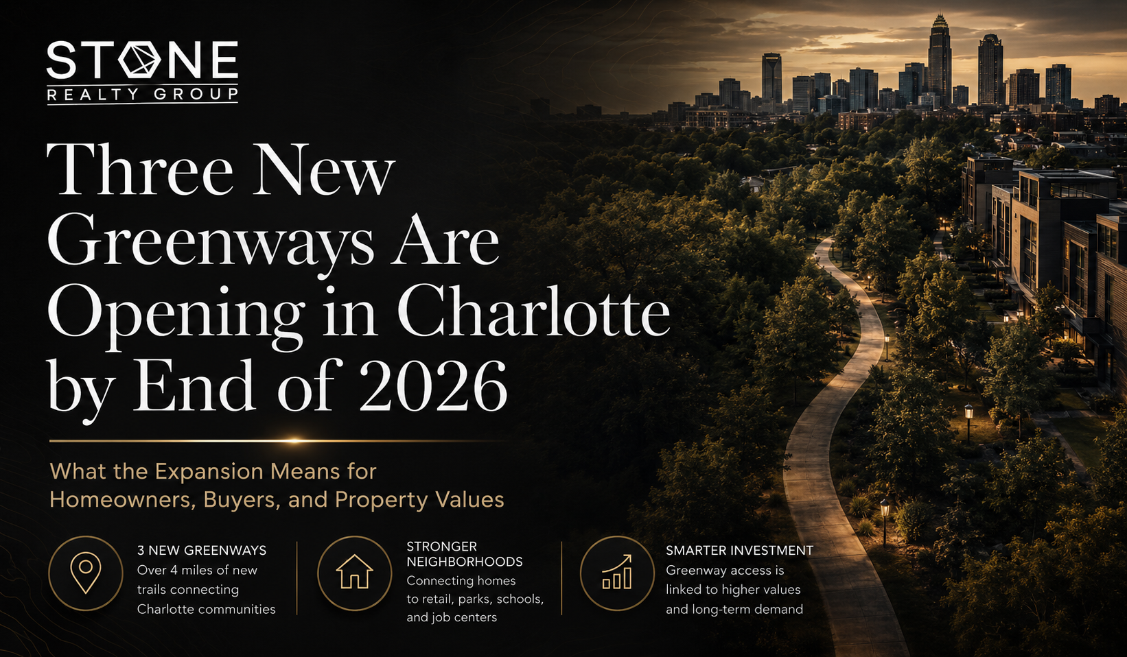 Map-inspired illustration showing Charlotte's new 2026 greenway expansions connecting West Charlotte, Steele Creek, Chantilly, and Plaza Midwood neighborhoods with walking and biking trails.