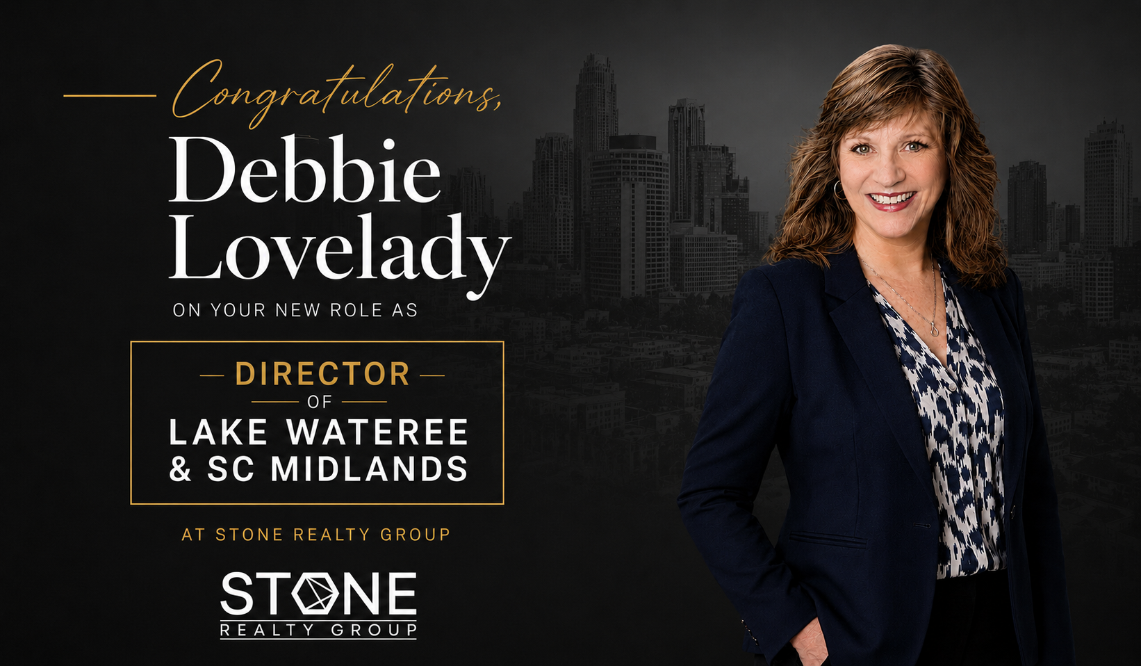 Stone Realty Group announces Debbie Lovelady as Director of Lake Wateree and SC Midlands. Serving Charlotte, Lake Wateree, Rock Hill, Fort Mill, Columbia, and the I-77 corridor with expert lakefront, relocation, and South Carolina real estate services.