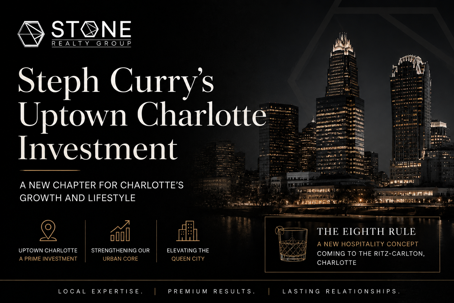 Steph Curry Uptown Charlotte investment announcement featuring luxury Charlotte skyline and Stone Realty Group branding