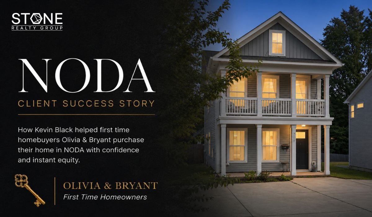 Luxury two-story home in Charlotte's NoDa neighborhood at dusk featured in a Stone Realty Group client success story highlighting first-time homebuyers Olivia and Bryant's successful home purchase with Realtor Kevin Black.