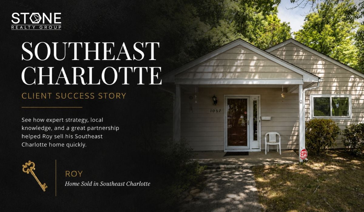 Exterior view of a recently sold single-story home in Southeast Charlotte, North Carolina, surrounded by mature trees, featured in a Stone Realty Group client success story highlighting Roy's successful home sale.