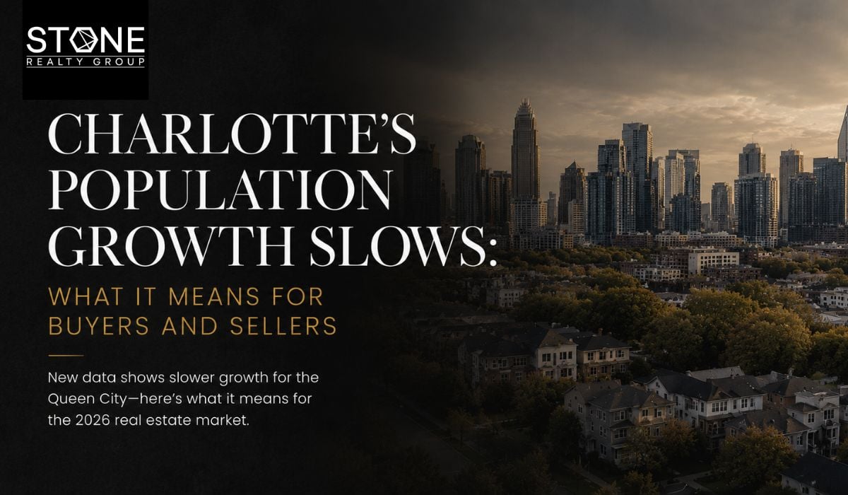 Charlotte skyline overlooking residential neighborhoods with luxury editorial design illustrating slowing population growth and its impact on the 2026 Charlotte, NC real estate market for home buyers and sellers, presented by Stone Realty Group.