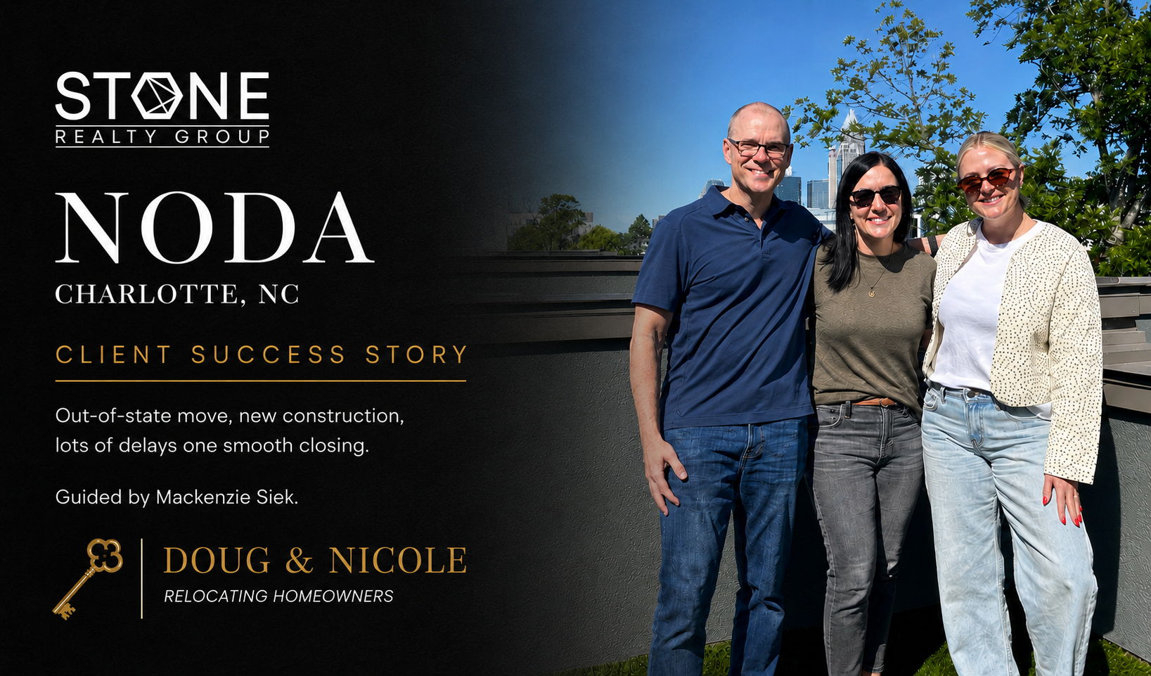 Doug and Nicole celebrating in front of their new construction home in NoDa, Charlotte, NC with Stone Realty Group agent Mackenzie Siek.