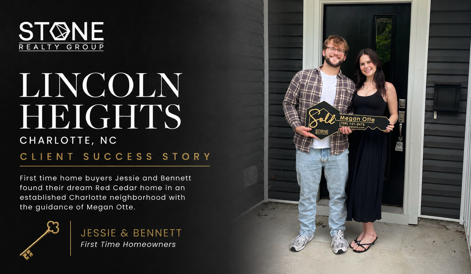 Jessie and Bennett celebrating in front of their new Red Cedar home in Lincoln Heights, Charlotte, NC, after purchasing their first home with Megan Otte of Stone Realty Group.