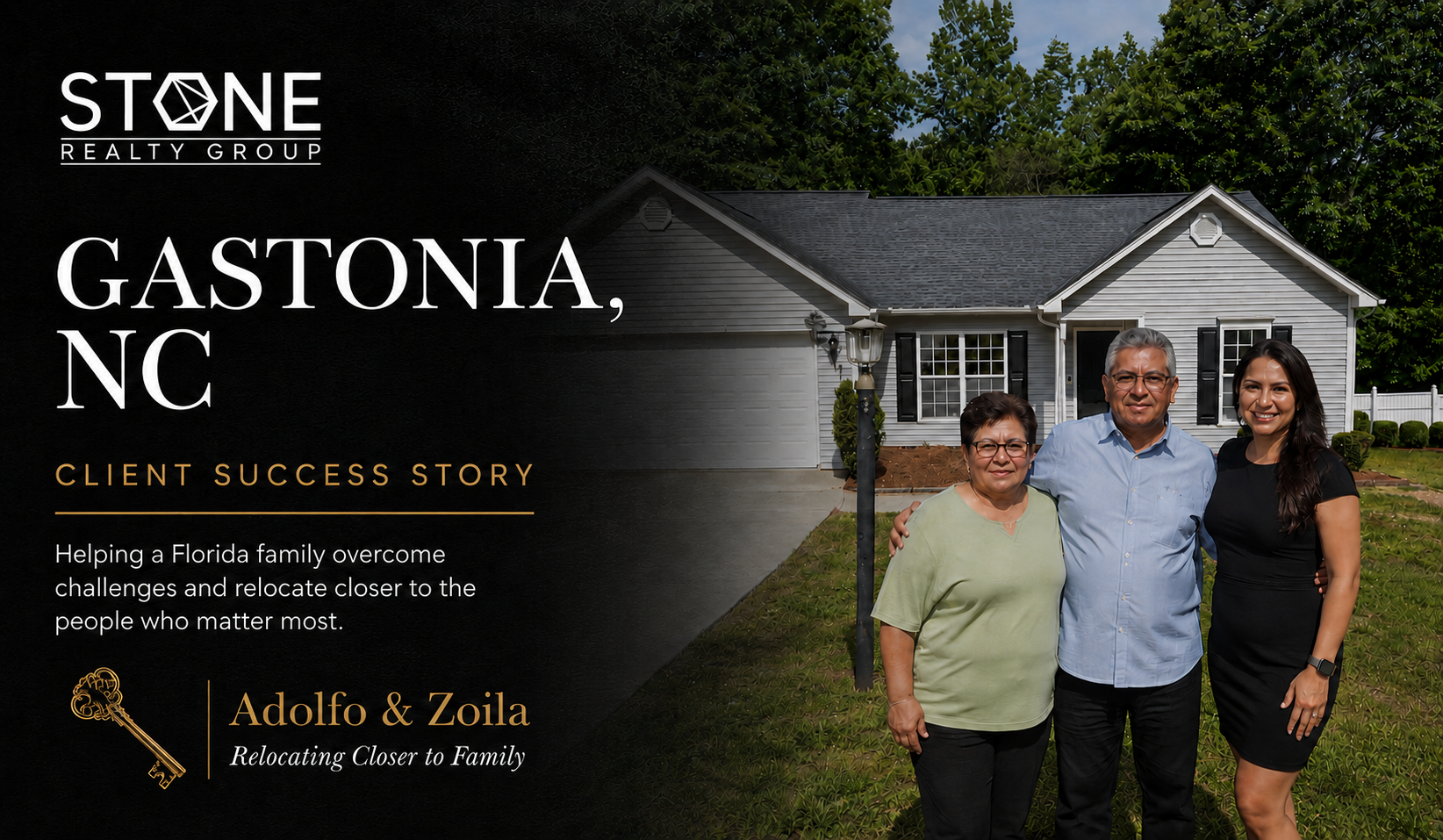 Clients celebrating their new home after relocating to the Charlotte area with Sofia Corona of Stone Realty Group.