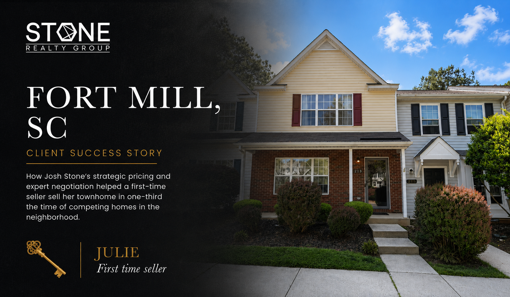 Josh Stone celebrating with a happy first-time home seller after the successful sale of a townhome in Fort Mill, SC.
