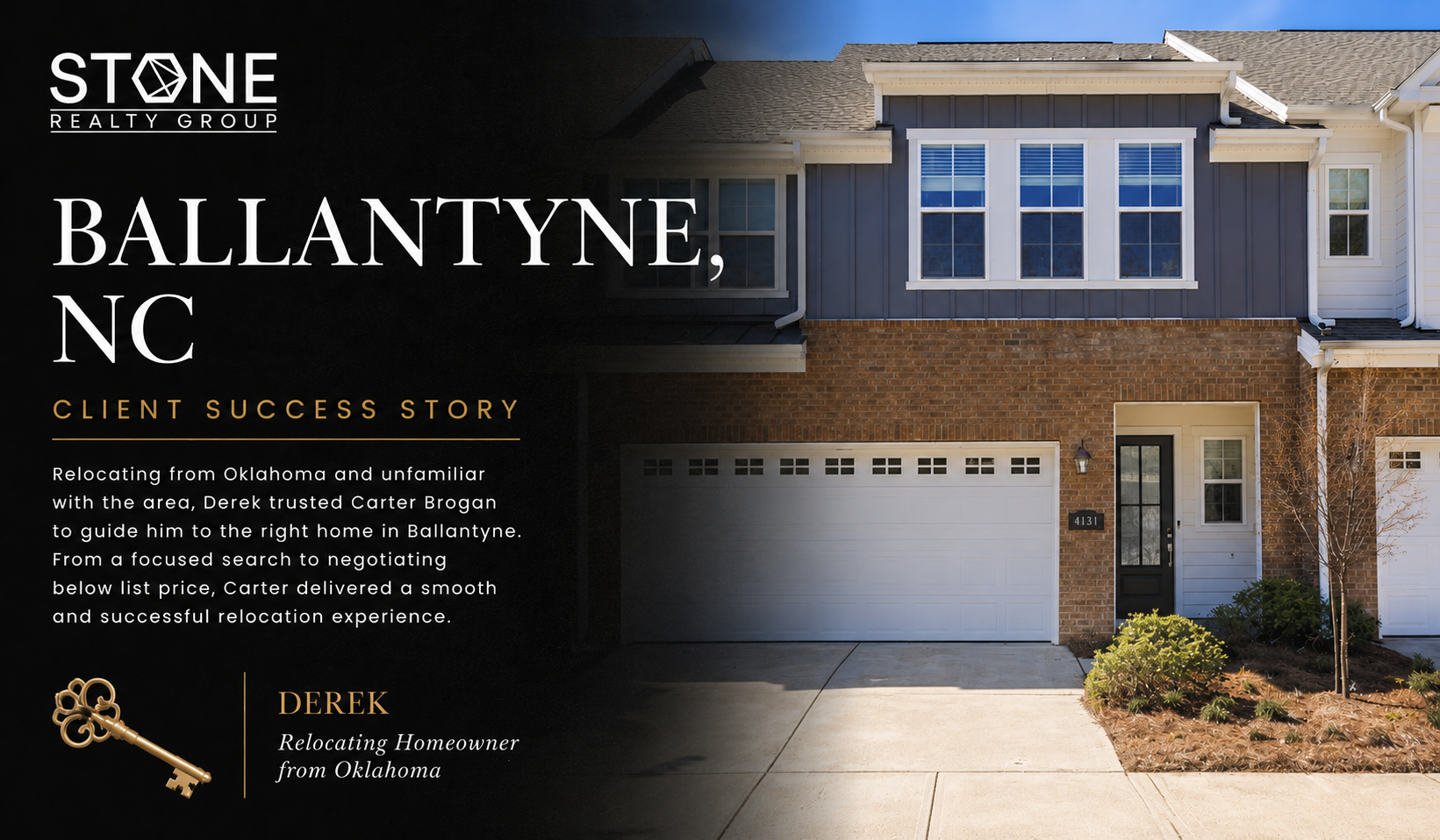 Happy homeowners outside their new home in the Ballantyne area of Charlotte, NC after relocating from Oklahoma with Carter Brogan and Stone Realty Group