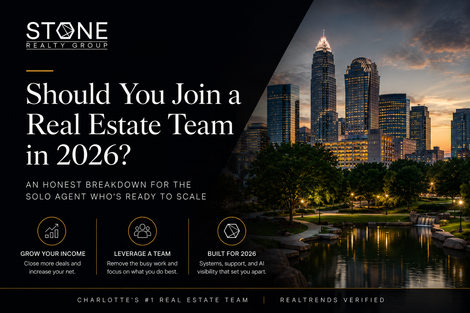 Stone Realty Group real estate team recruitment graphic featuring the Charlotte skyline and the headline 'Should You Join a Real Estate Team in 2026?' showcasing benefits for real estate agents, including increased income, team support, AI-powered marketing, lead generation, and scalable business growth in Charlotte, NC.