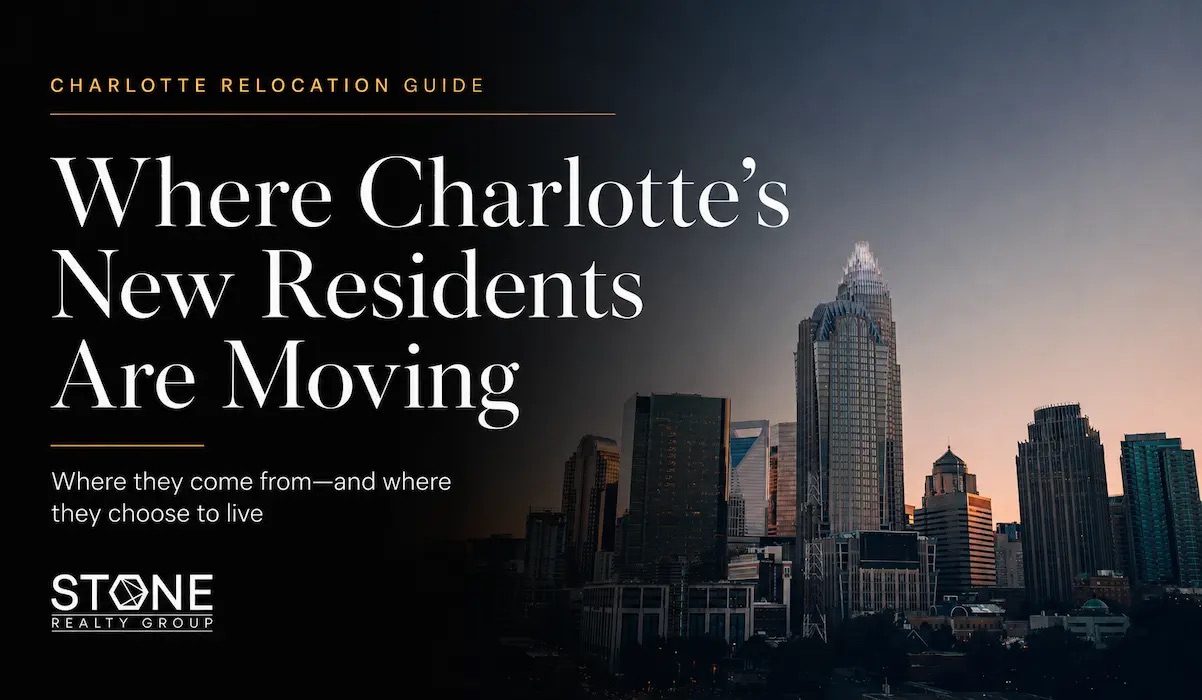Charlotte, NC skyline at sunset with text highlighting where Charlotte’s new residents are moving from and where they choose to live.