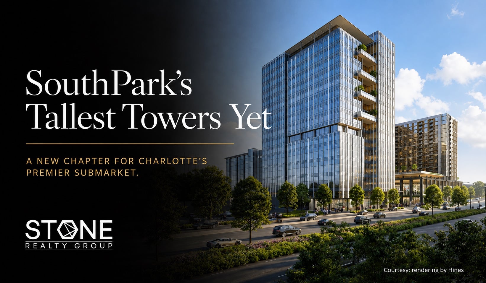 Rendering of SouthPark's tallest proposed towers in Charlotte, NC, featuring modern glass high-rises along a landscaped urban boulevard, courtesy of Hines.
