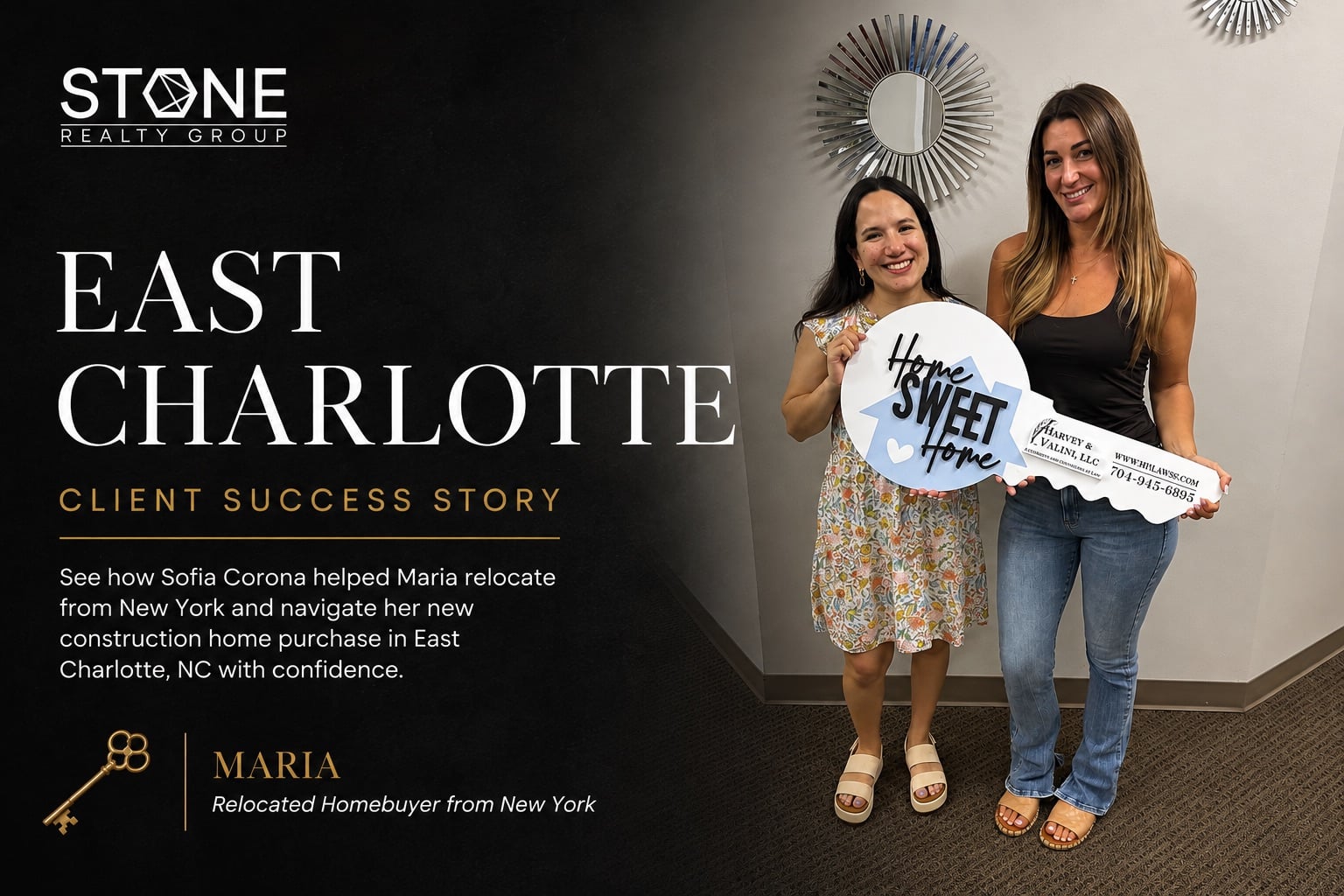 Sofia Corona celebrating with client Maria after purchasing a new construction home in East Charlotte, NC