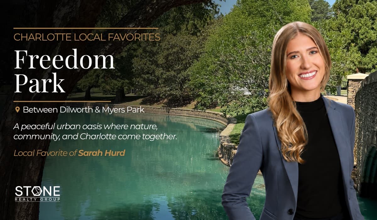 Freedom Park in Charlotte, NC featuring scenic lake views between Dilworth and Myers Park with Stone Realty Group REALTOR® Sarah Hurd highlighting one of Charlotte's favorite local destinations.