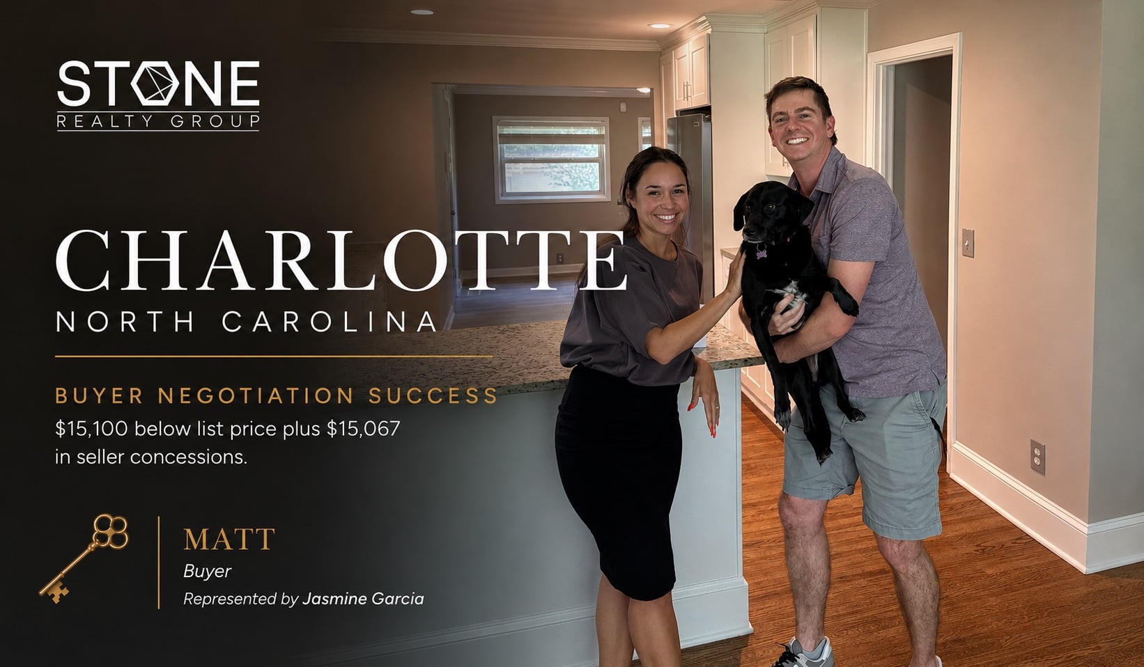 Charlotte homebuyer Matt with his dog and Stone Realty Group agent Jasmine Garcia after securing a below-list purchase price and seller concessions.