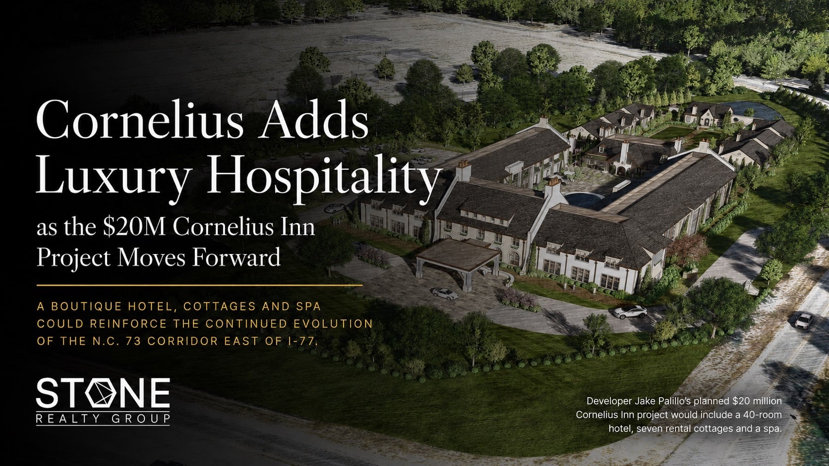 Rendering of the planned $20 million Cornelius Inn in Cornelius, NC, featuring a boutique hotel, rental cottages and spa near Lake Norman.