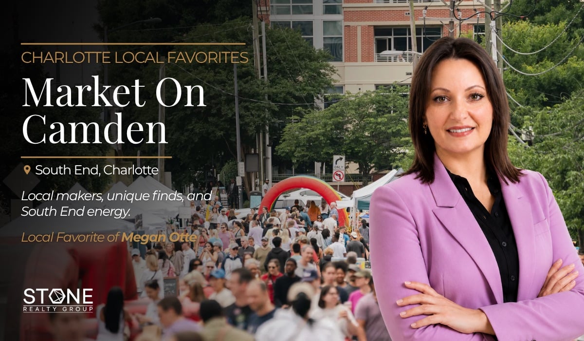 Stone Realty Group Realtor Megan Otte featuring Market on Camden, an open-air local small business market in South End Charlotte, NC.