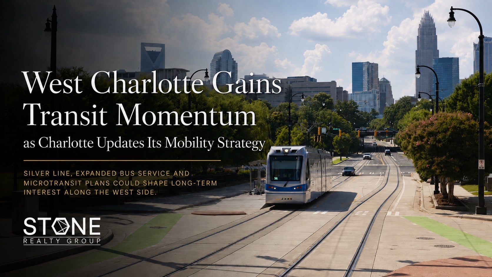 Charlotte light rail with Uptown skyline, highlighting West Charlotte Silver Line transit plans and future connectivity.
