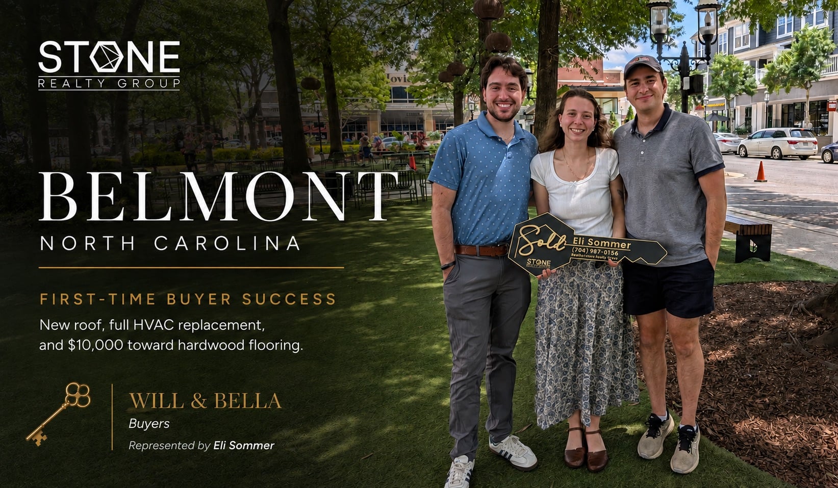 Will and Bella with Stone Realty Group agent Eli Sommer after purchasing their first home near Belmont, North Carolina