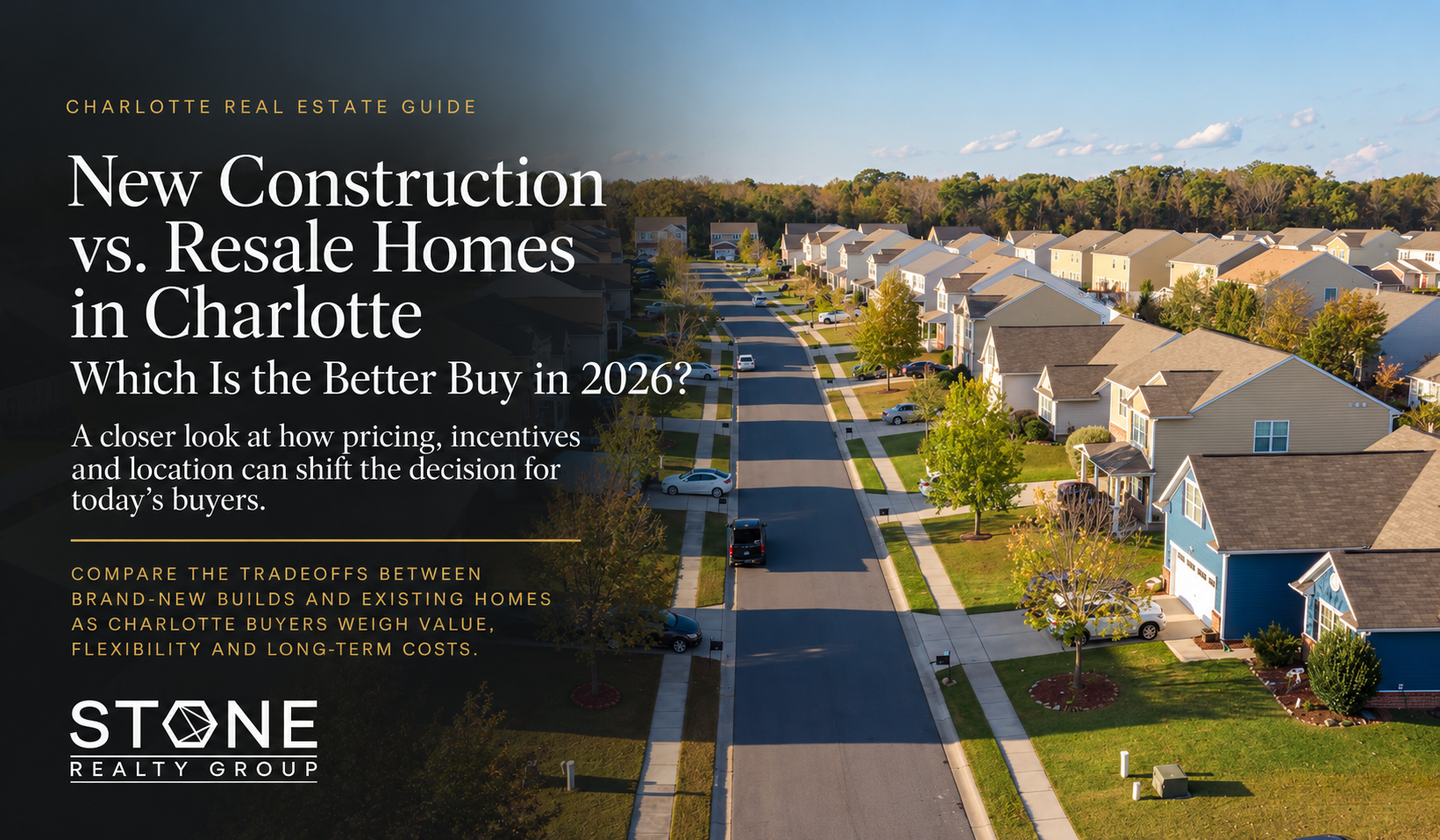 Aerial view of a Charlotte, NC suburban neighborhood illustrating the 2026 comparison between new construction and resale homes for local buyers.