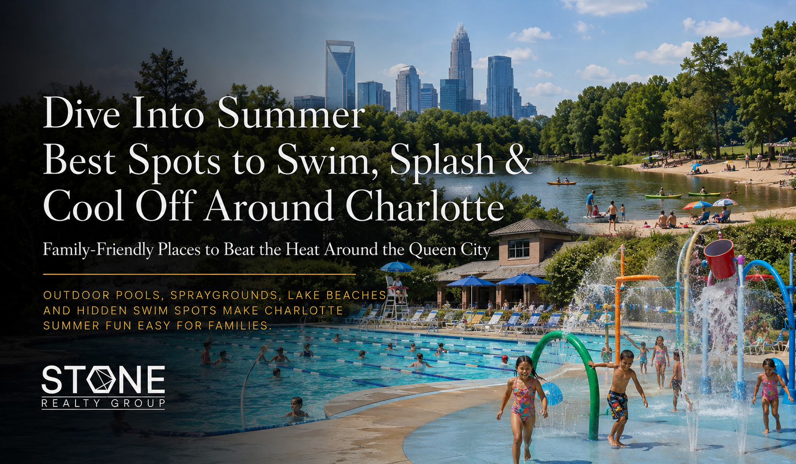 Families enjoying a swimming pool and splash area during summer in Charlotte, North Carolina.