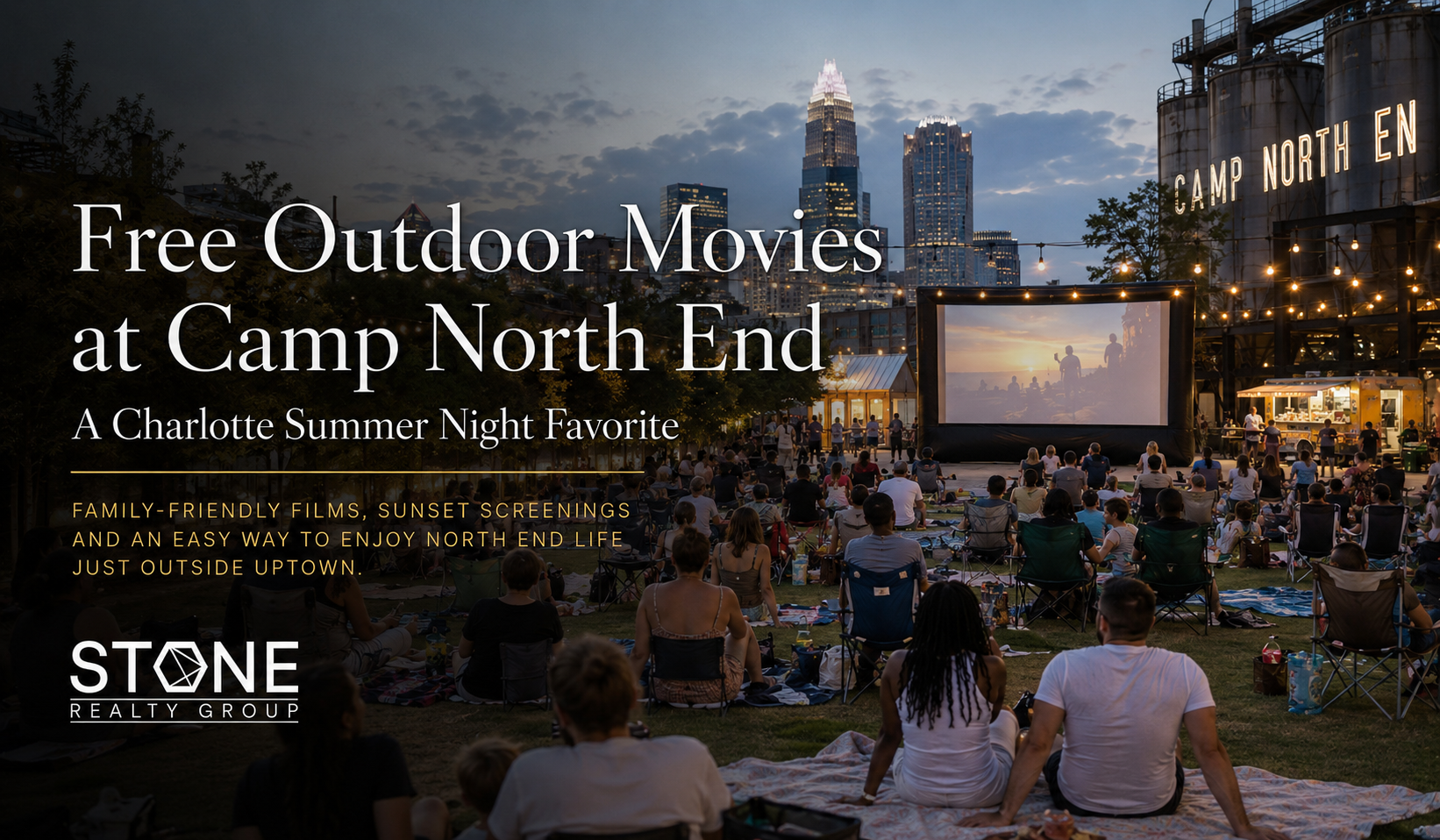 Visitors watching a free outdoor movie at Camp North End in Charlotte during summer 2025.