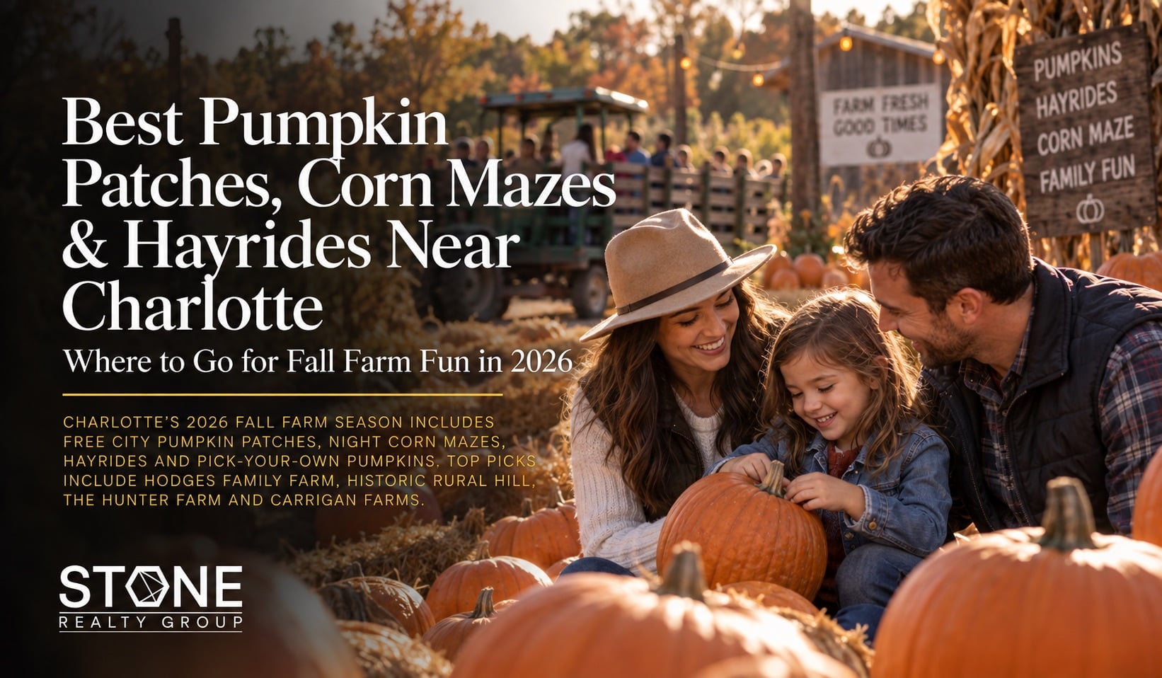 Family enjoying a Charlotte-area pumpkin patch with pumpkins, hayrides and corn maze activities featured in the 2026 fall farm guide.