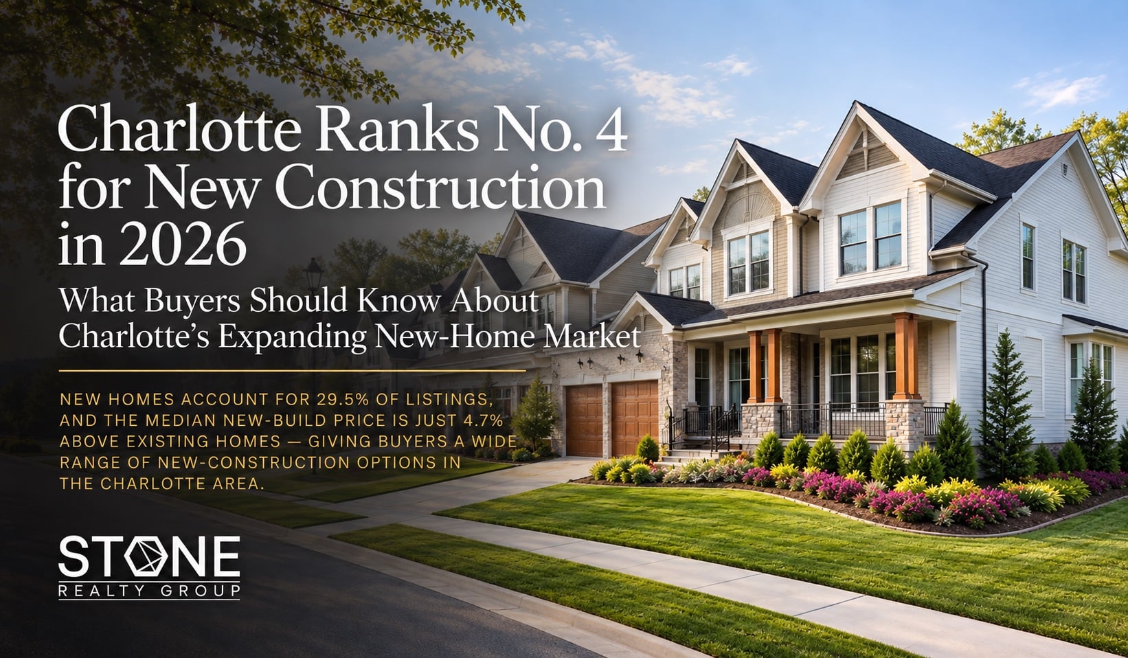Charlotte new construction homes in 2026 with Stone Realty Group market insights on pricing, inventory, and buyer opportunities.