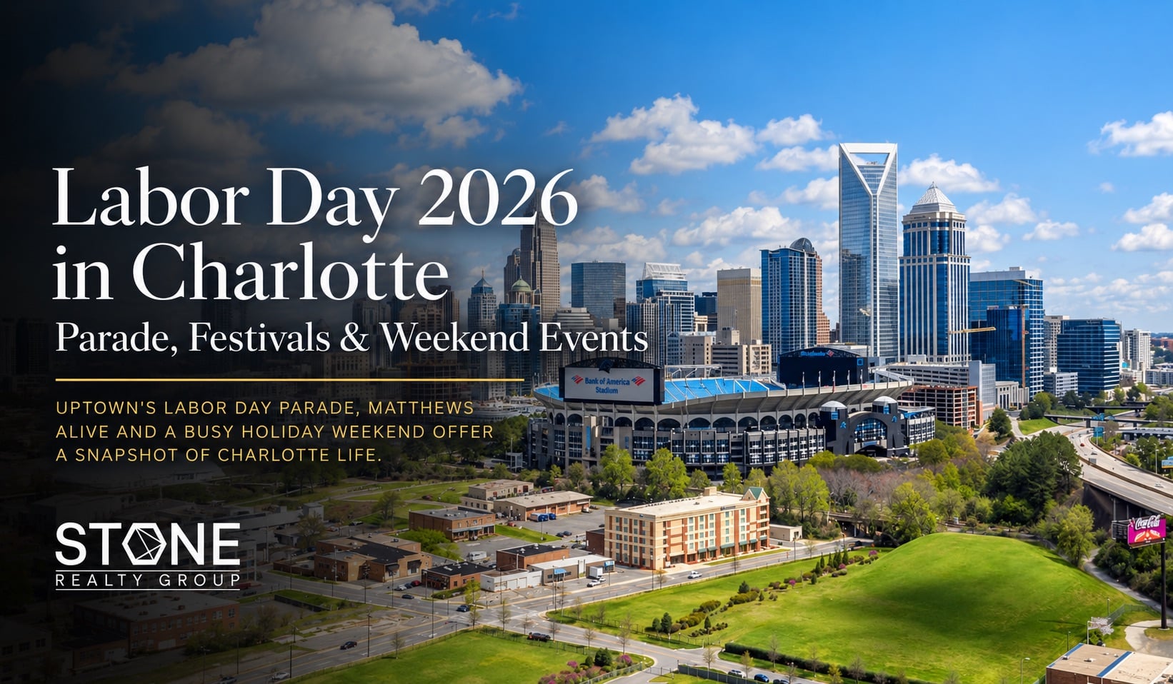Labor Day 2026 in Charlotte NC featuring Uptown skyline, Bank of America Stadium, Charlotte Labor Day Parade and Matthews Alive events.