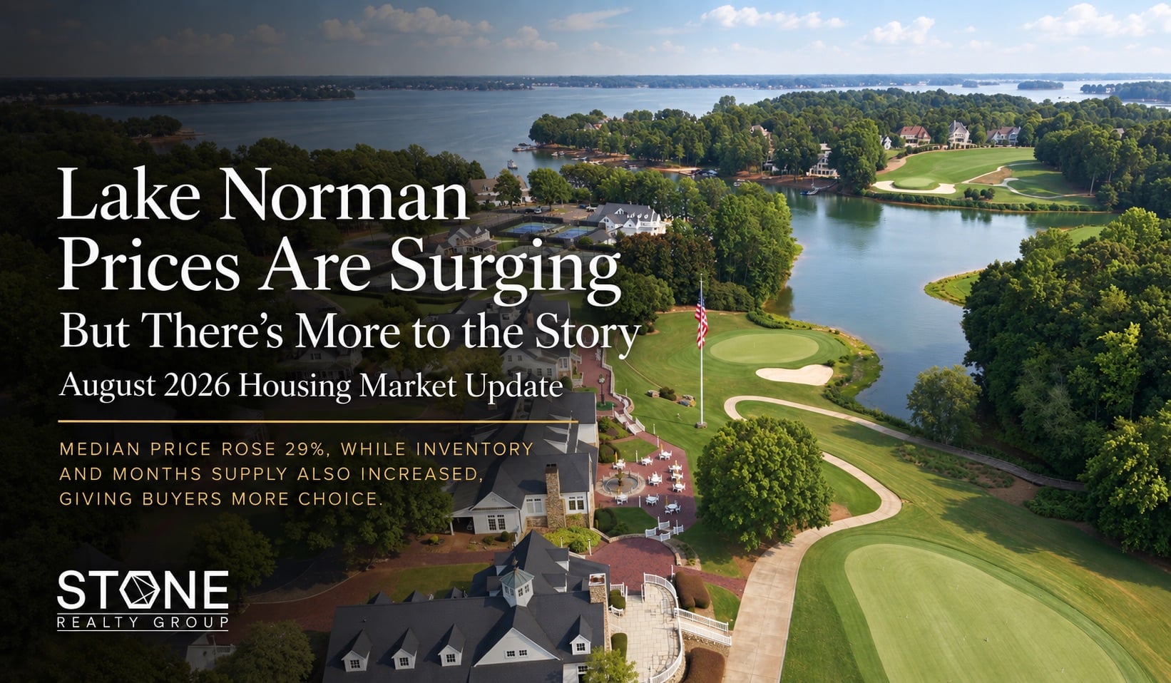 Aerial view of Lake Norman waterfront homes and golf community, illustrating the August 2026 housing market update with rising prices, more inventory and increased buyer choice.