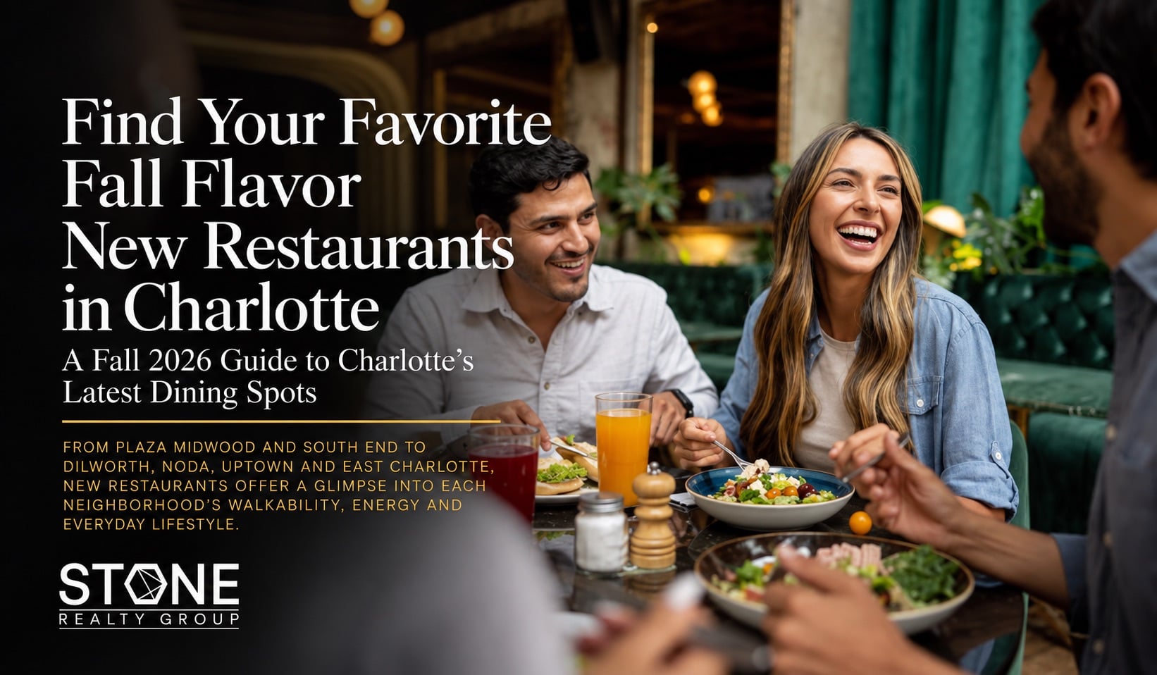 Friends dining at a Charlotte restaurant, representing new restaurants and neighborhood dining spots to explore across Plaza Midwood, South End, Dilworth, NoDa and Uptown in fall 2026.