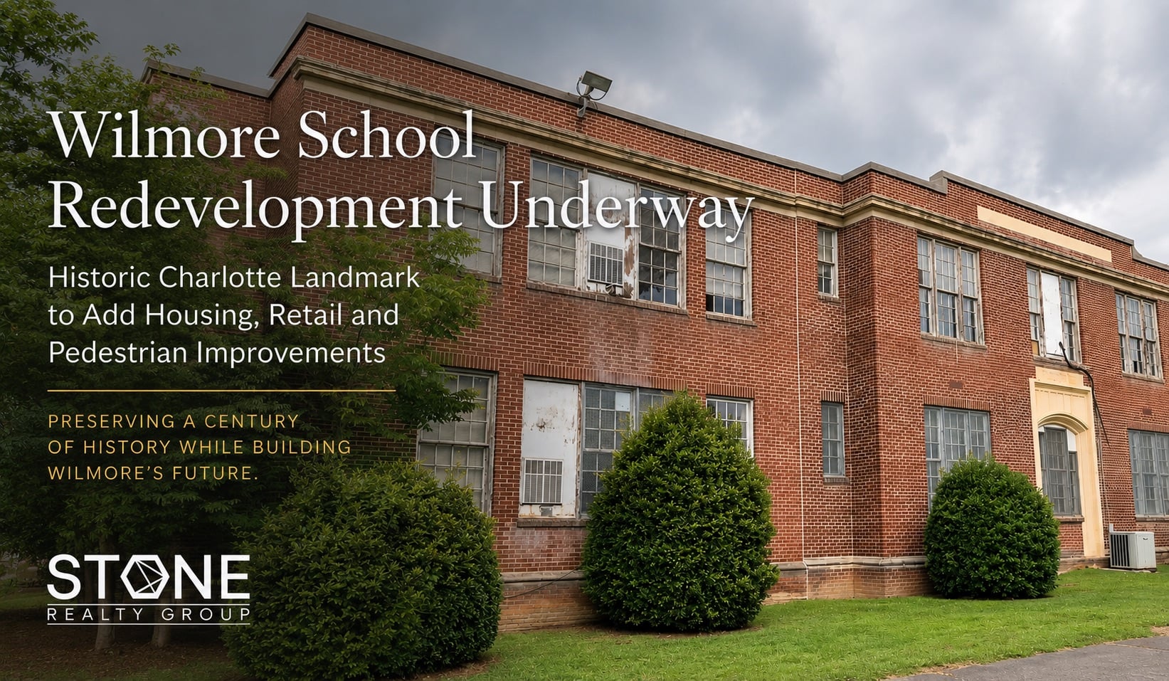Historic Wilmore School in Charlotte, NC, where redevelopment is underway to preserve the landmark while adding 175 residences, retail space and pedestrian improvements near South End.