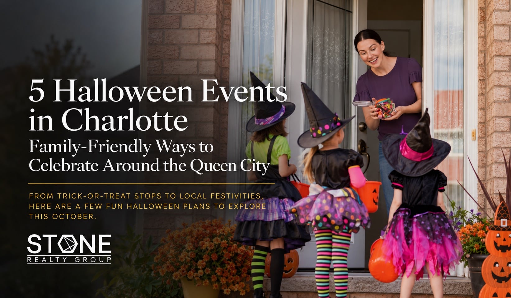 Children dressed as witches trick-or-treating at a Charlotte home, highlighting five family-friendly Halloween events in Charlotte, NC, for October 2026. Is this conversation helpful so far?
