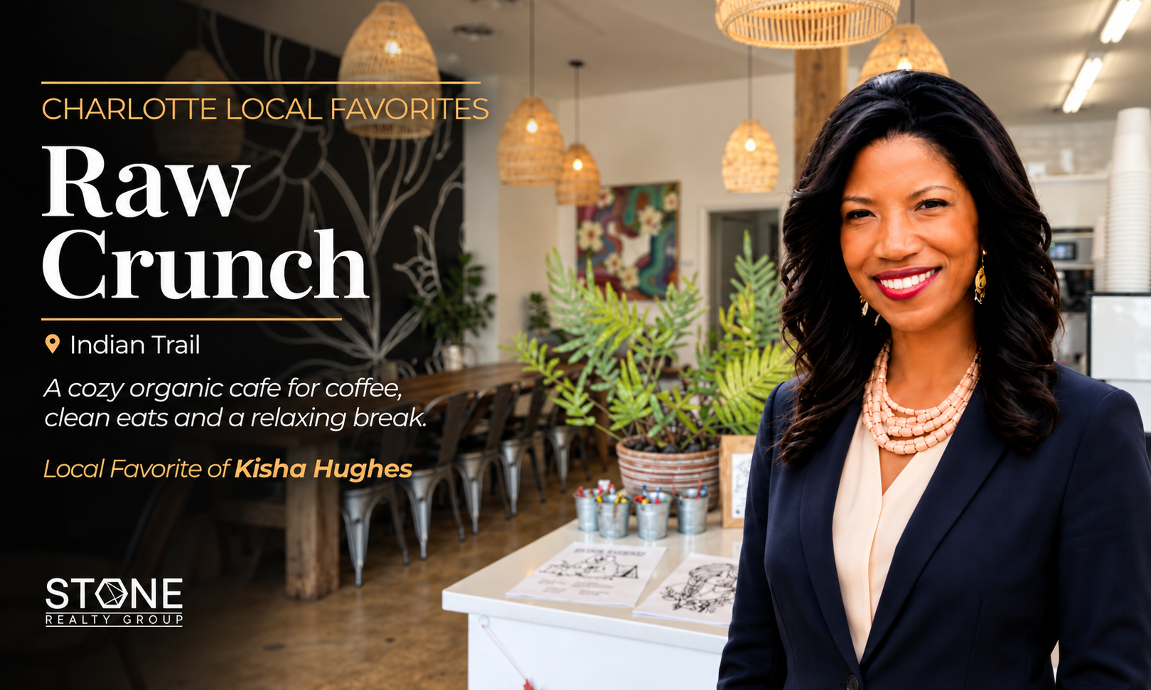 Raw Crunch and Coffee in Indian Trail, NC, a cozy organic café and local favorite recommended by Stone Realty Group real estate agent Kisha Hughes.