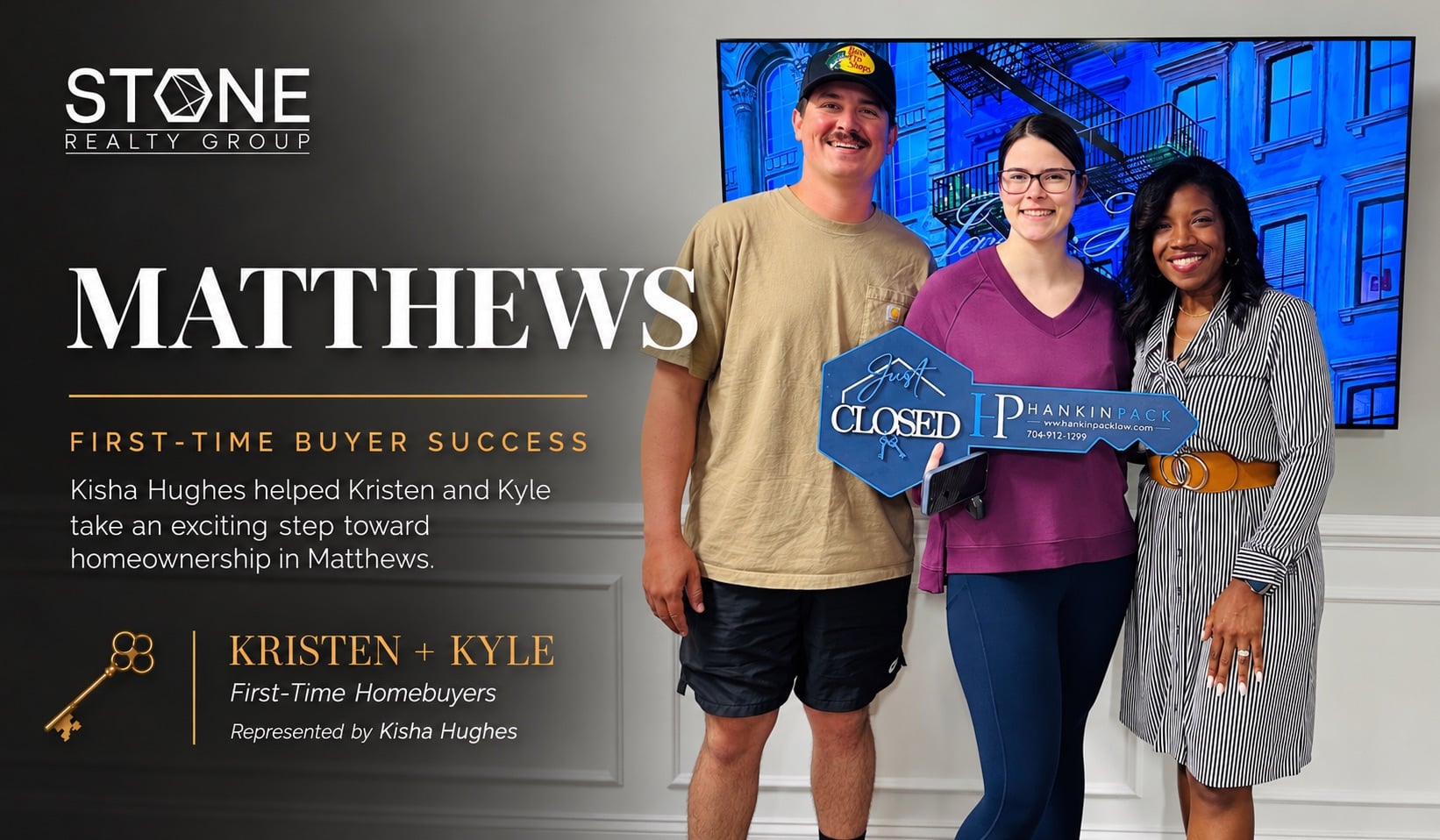 First-time homebuyers Kristen and Kyle celebrate purchasing their family home in Matthews, NC, with Stone Realty Group agent Kisha Hughes.