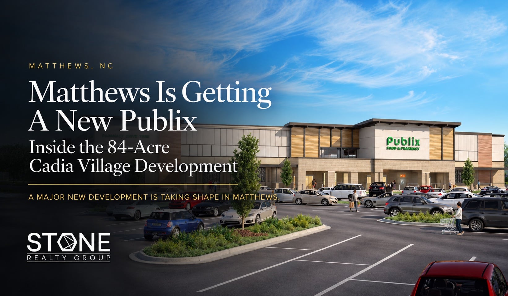 Rendering of the new Publix-anchored Cadia Village Matthews development with retail shops, restaurants and community spaces in Matthews, NC. Copy