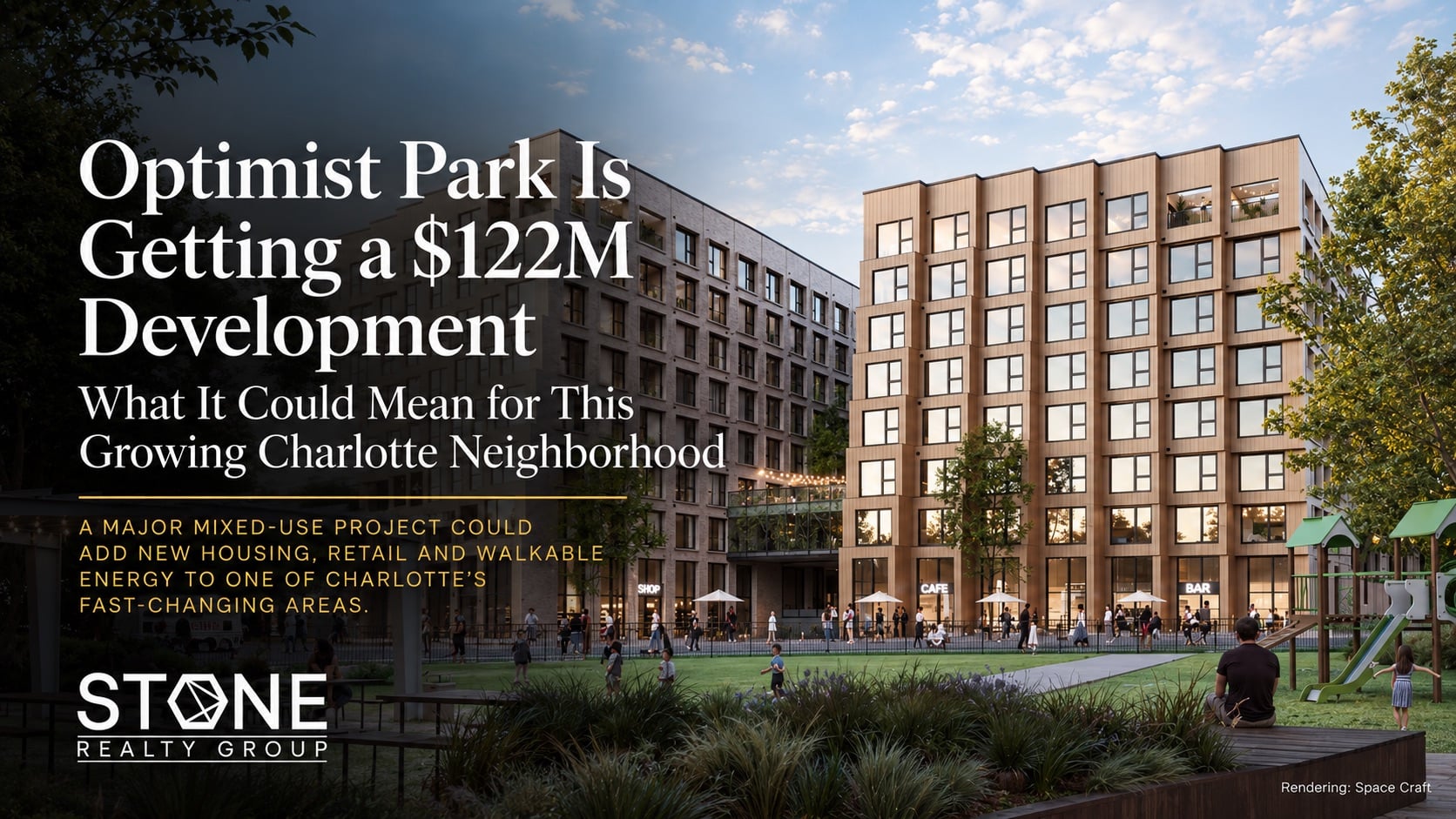 Rendering of the proposed $122 million mixed-use development in Optimist Park, Charlotte, NC, featuring new housing, retail and walkable public spaces.