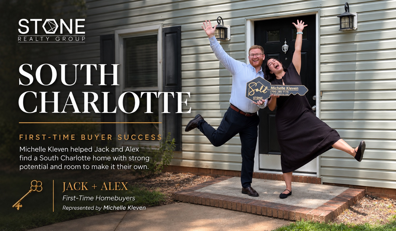 First-time homebuyers Jack and Alex celebrating outside their South Charlotte home after purchasing with Stone Realty Group agent Michelle Kleven.