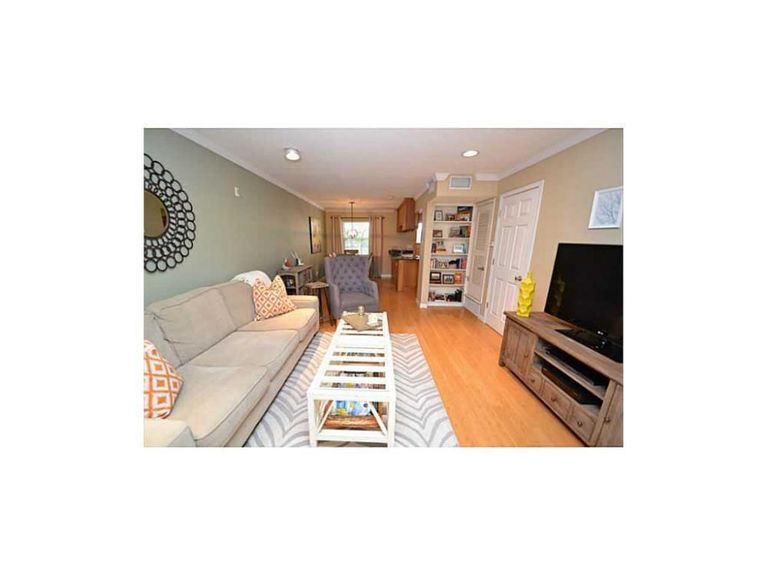 The living area has built-in shelves