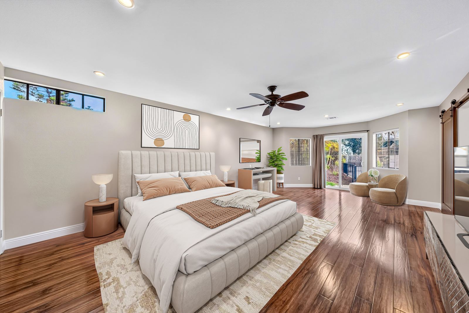 Primary bedroom with sliding door to the yard