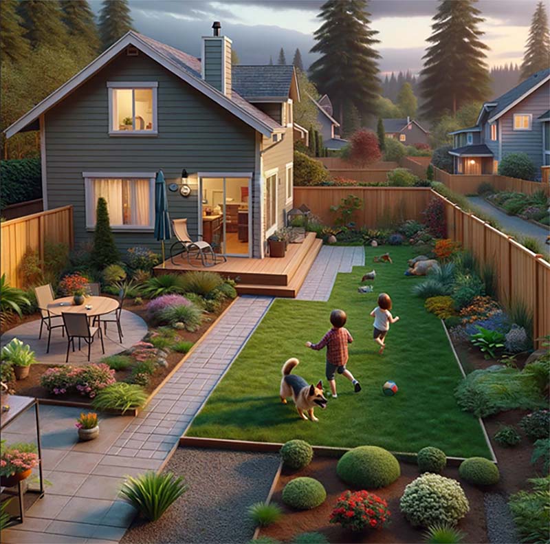 Children playing with a dog in their yard