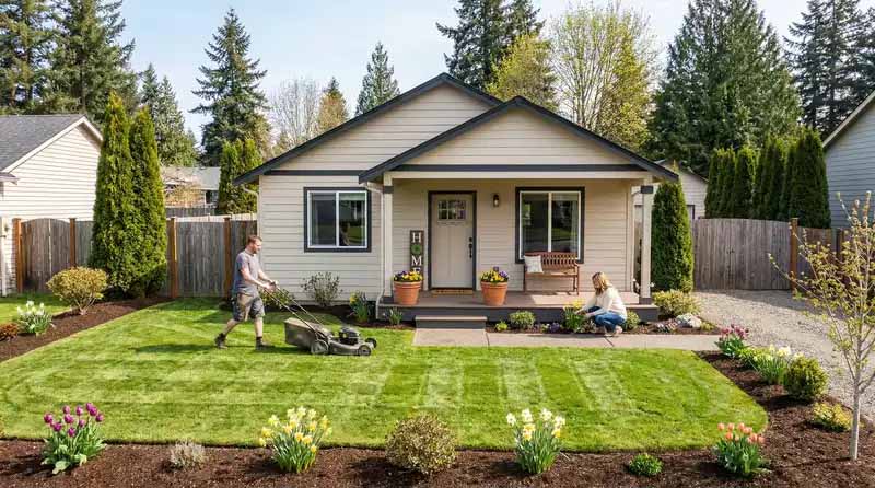 Family improving the curb appeal of their home.
