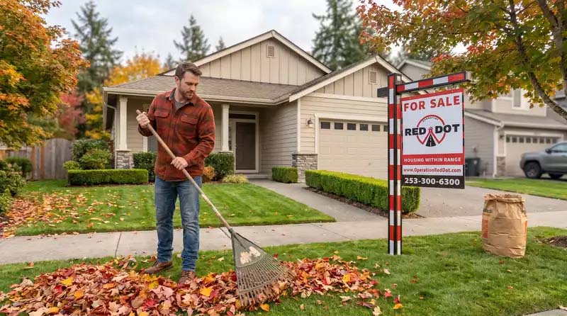 Homeowner raking leaves