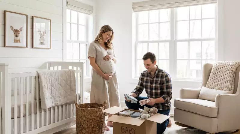 Young couple moving into a new house expecting a baby