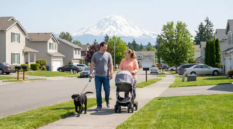 Young family walking down a neighborhood street in washington state.