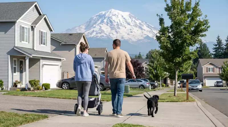 Couple walking in a Washington State Neighborhood