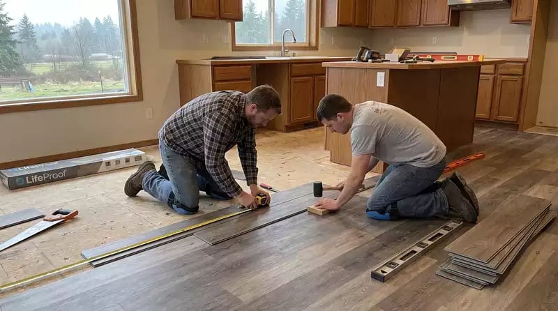 Two men replacing hard flooring