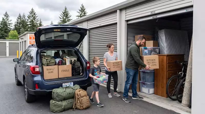 Family moving boxes into storage unit