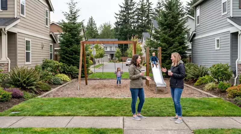 Two people talking next to a playground